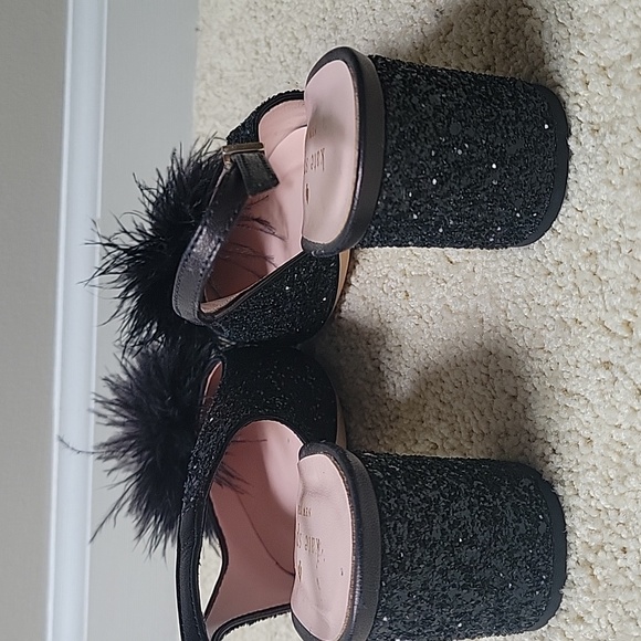 Kate Spade Black Glitter Heels With Feather Pom Pom Women Size‎ 6.5 - Picture 5 of 10